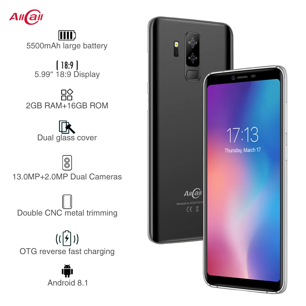  Allcall S5500 5500mAh 3G Smartphone 18:9 5.99 Inch Android 8.1 MTK6580M Quad Core 2GB RAM 16GB ROM 