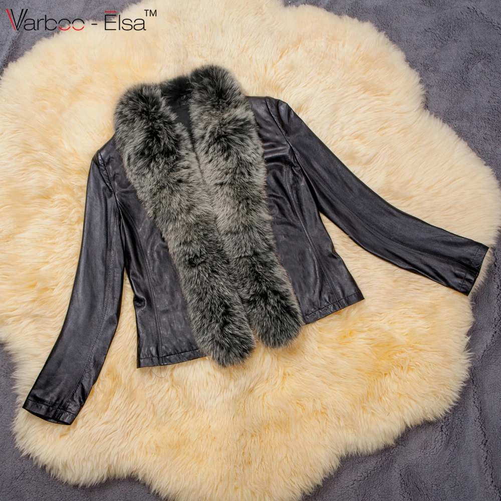 VARBOO_ELSA Plus size 3XL Real fur collar women Leather