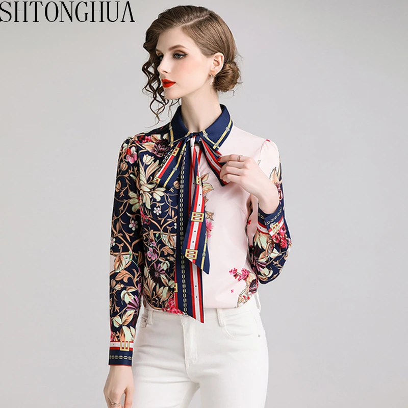 

SHTONGHUA 2019 Summer Long Sleeve Shirt Women Designer Runway Tops Print Vintage Blouses Ladies Office Shirts Casual Blusas