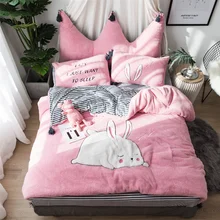 Белый розовый серый мультфильм кролик аппликация медведь вышивка фланелевый Комплект постельного белья флисовая ткань пододеяльник простыня/льняная наволочка