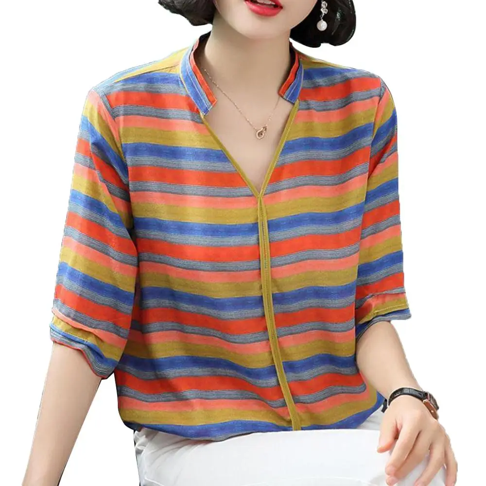 

Chiffon shirt women's half sleeves 2019 new spring and summer rainbow contrast color fashion loose striped women blouses tops