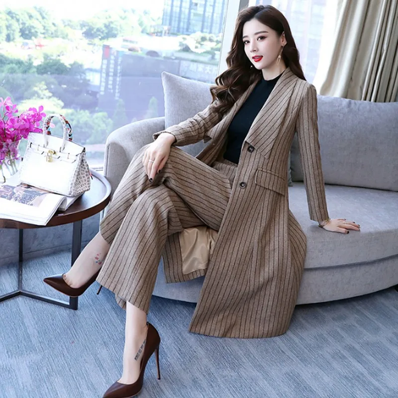 Женский комплект из двух частей: полосатые широкие брюки, осень, корейская мода, Тонкий Блейзер, однобортный, длинный пиджак, брюки, костюм