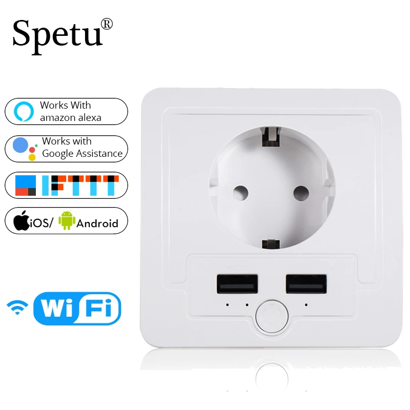 

Spetu WIFI Smart Socket 2USB EU Plug 15A Remote Control Smart Timing Switch Plug Work For Amazon alexa,Goole Assistant,IFTTT