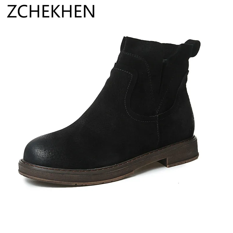 

Genuine Leather Women martin Boots Chelsea Shoes Winter Warm Low Heel Plus size Short Martin Ankle Boots Casual Shoes