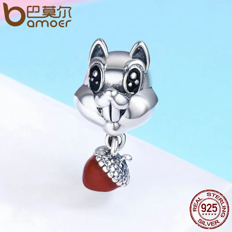 BAMOER Genuine 100% 925 Sterling Silver Squirrel & Hazelnut Animal Charm fit Girls Charm Bracelet Girls Jewelry Gift SCC326