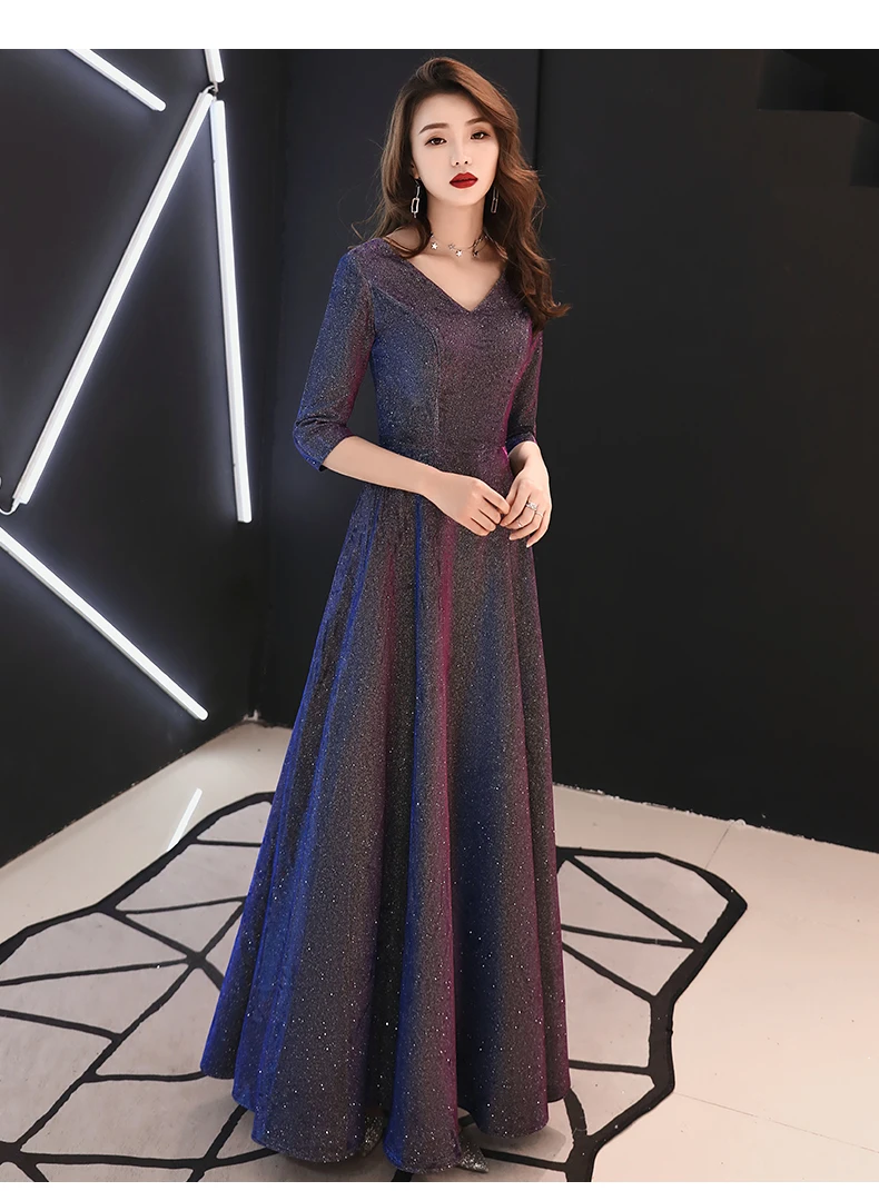 Weiyin 2019 Половина рукава блестками-line v-образным вырезом молния драпированные вечерние женские платья пол Длина вечерние платья WY1178