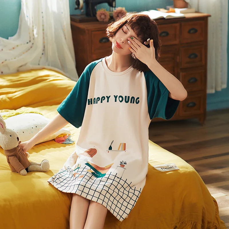 

summer cotton sleepwear night wear women robe de nuit femme ladies sleepshirt cartoon nightgown sleep dress plus size nightwear