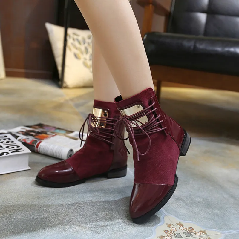 

Women Boots Genuine Leather Flat Ankle Boots Womens Motorcycle Boots Autumn Shoes Women Winter Patent leather Botas H-262