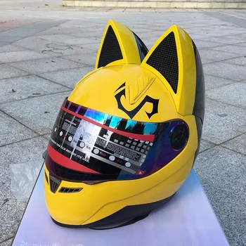 

Yellow cute with cat ears Motorcycle helmet automobile race antifog full face helmet personality design capacete casco