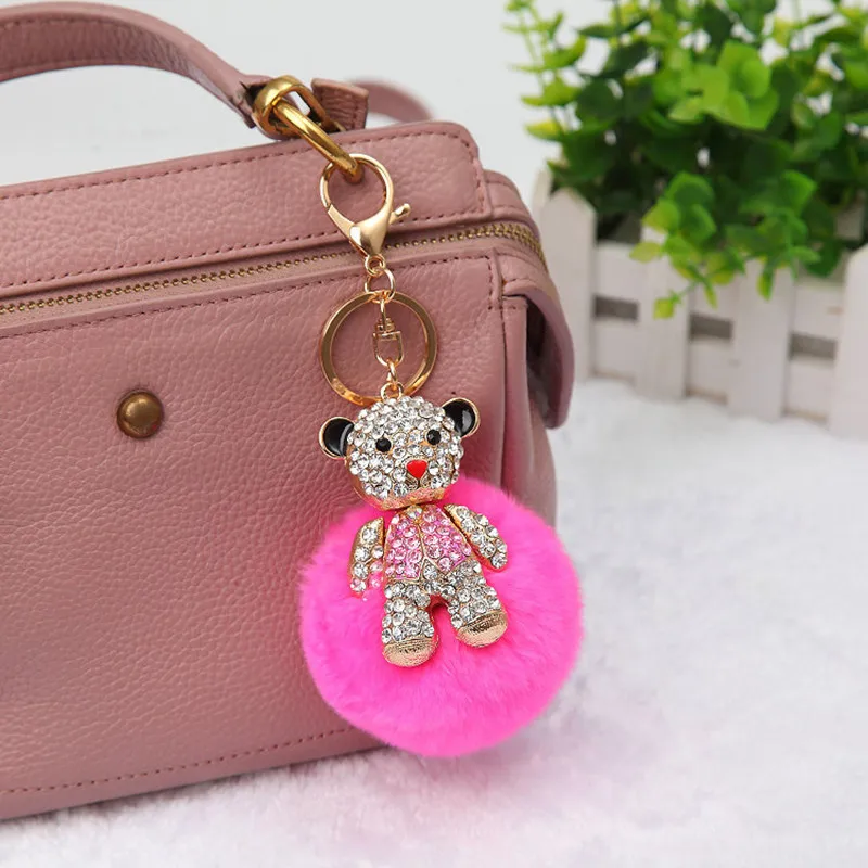 

2017 new trinket fake pompom keychain bunny keychains on bag rabbit fur Keychain fur pom pom charms for bags anime