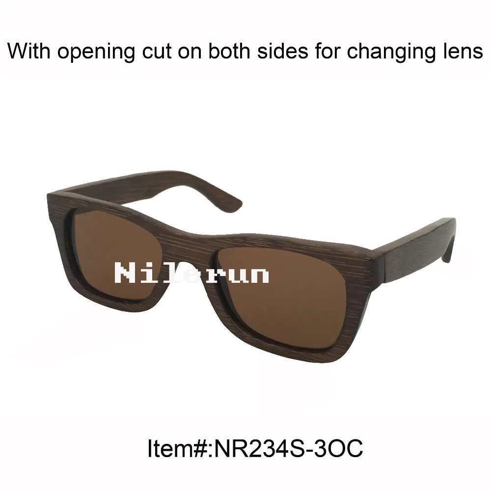 

popular small brown bamboo sunglasses with opening cut for changing lenses