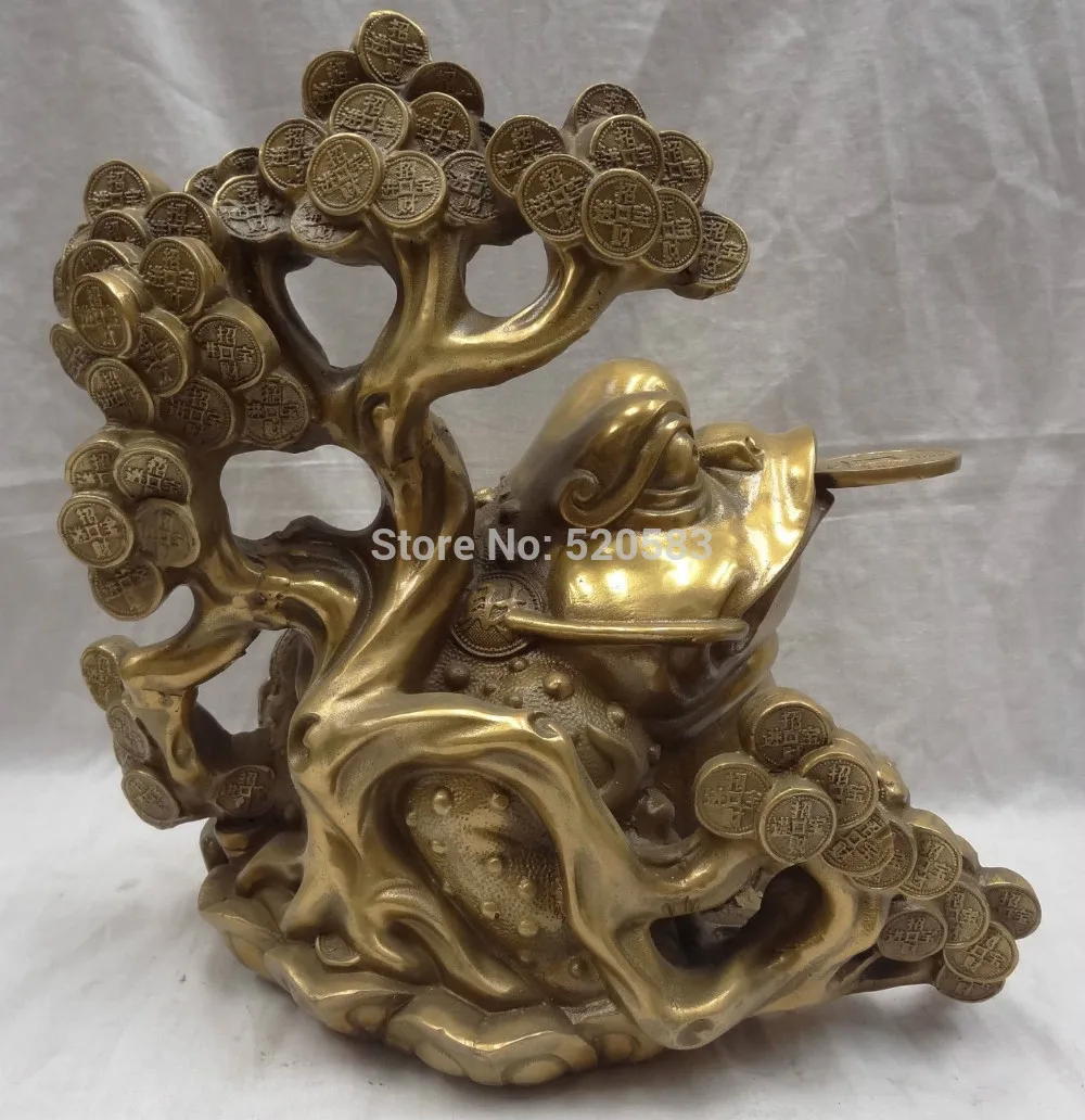 

12" China Brass Wealth Coin Tree FengShui Sculpture YuanBao Hoptoad Toad Statue
