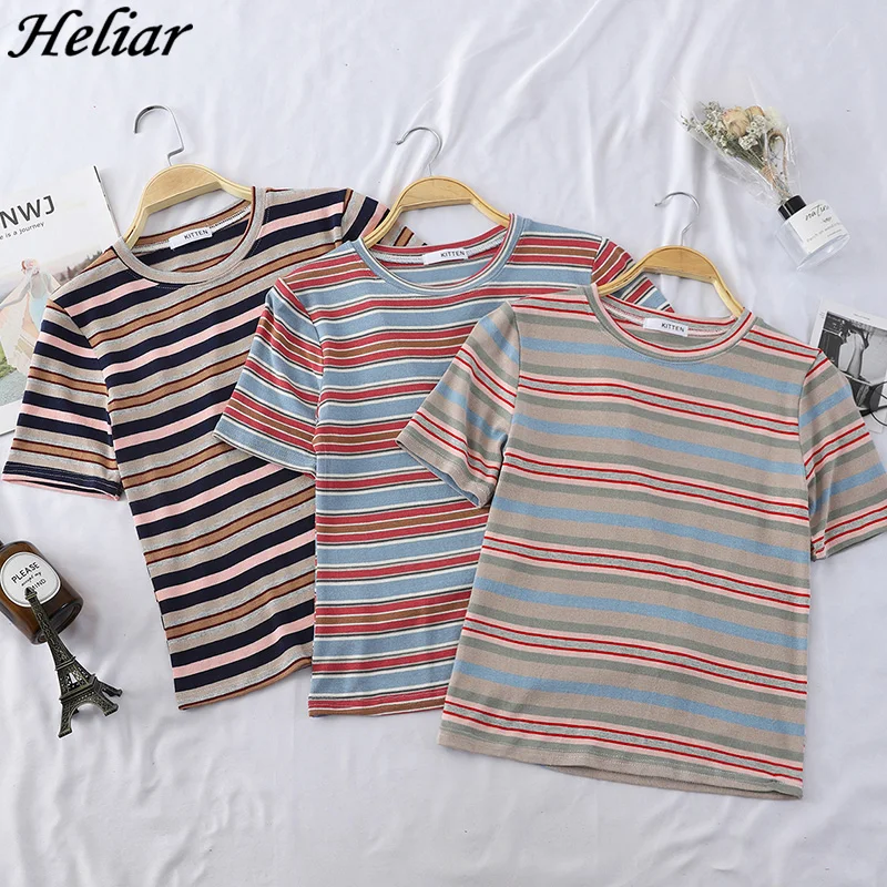 

HELIAR 2019 Summer Women T-shirt O-Neck Knitting Underwear Striped T-shirt Lady's Pure Cotton Ladies T-shirt