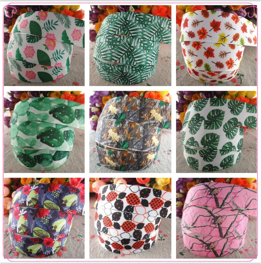 18092701 7/8&quot 22mm 50 yards leaf printed grosgrain ribbons DIY hair bows handmade materials | Дом и сад