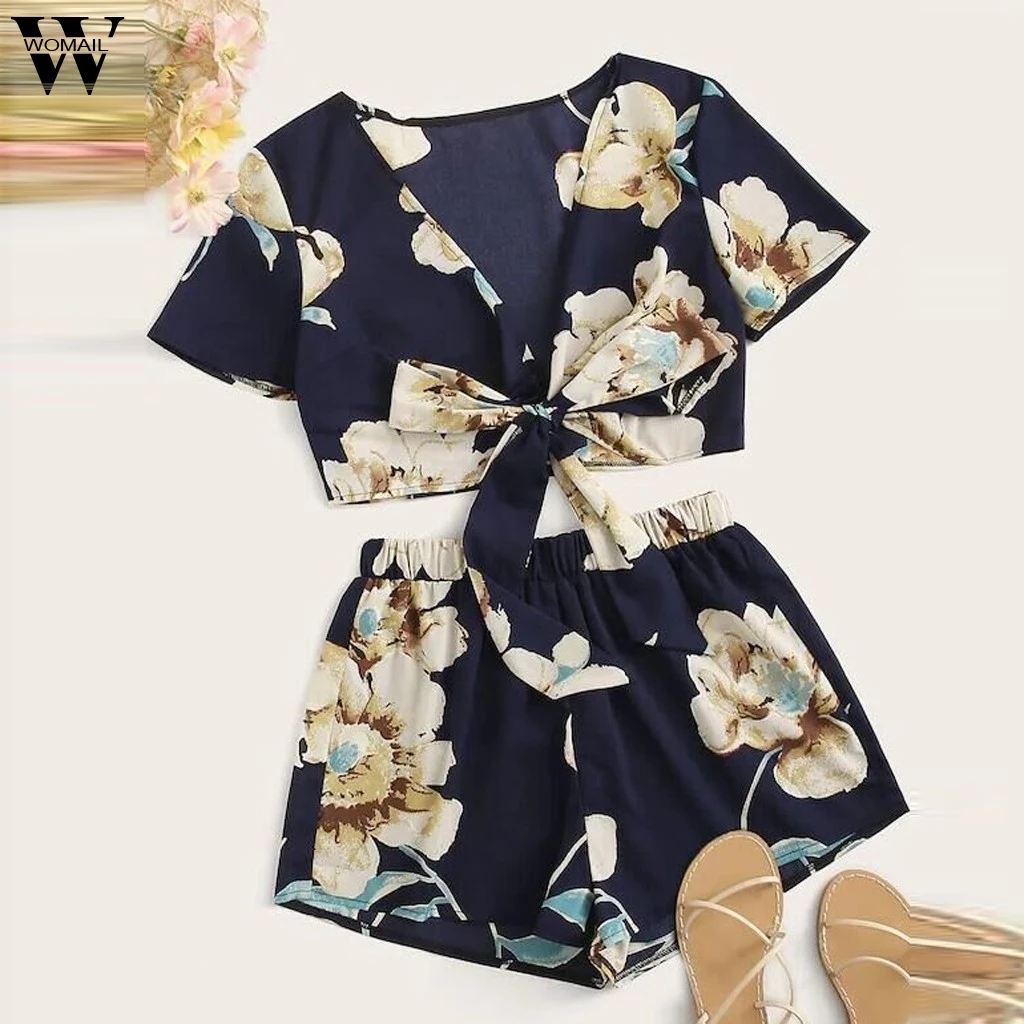 

Womail Women tracksuit summer 2 piece set Boho Floral Print short Sleeve With High Waist Shorts Suits fashion beach J63