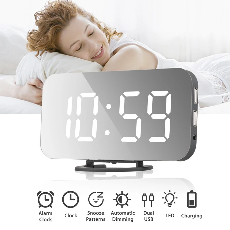 

Creative Alarm Clock LED Display Snooze Image Mobile Phone Charging Electronic Snooze Digital Backlight Mute Mirror Single