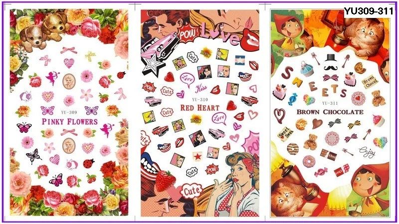 

3 PACK/ LOT WATER TRANSFER DECAL NAIL ART NAIL STICKER CARTOON JAPANESE FLOWER RED HEART CHOCOLATE YU309-311