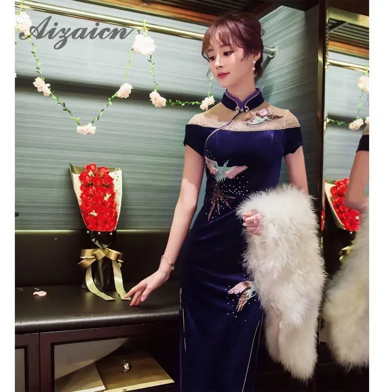 Длинные вышивка Cheongsam корейский синий китайский традиционный Винтаж платье для женщин бархатный Ципао халат Chinoise Oriental стиль платья для