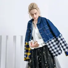 Осень плед джинсовая куртка Для женщин с длинными рукавами в стиле пэчворк джинсовые куртки женские свободные с бахромой куртка-бомбер дизайнерские куртки chaqueta mujer