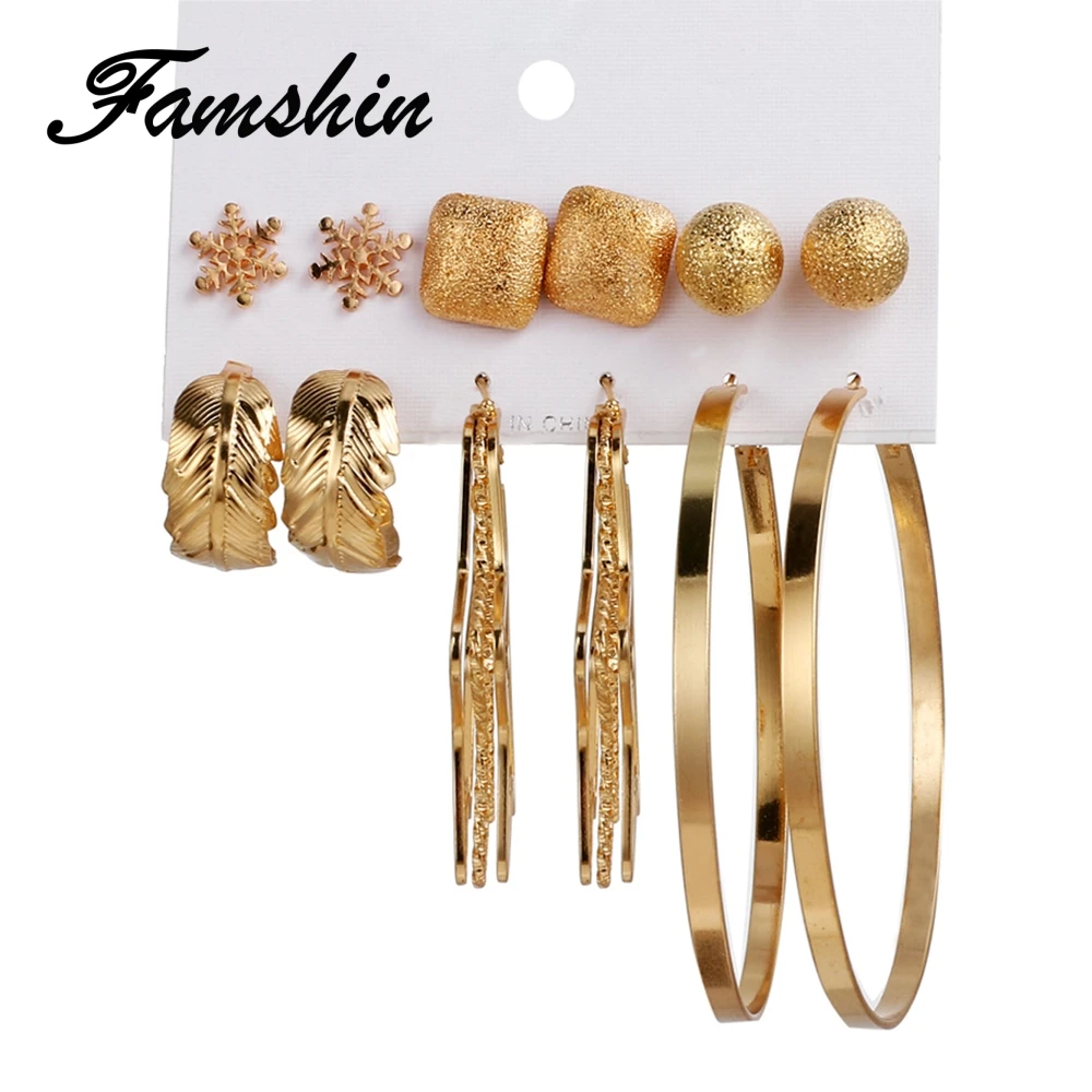 FAMSHIN 6 пар/компл. Мода Снежинка листья крупные серьги набор золотой шар личность