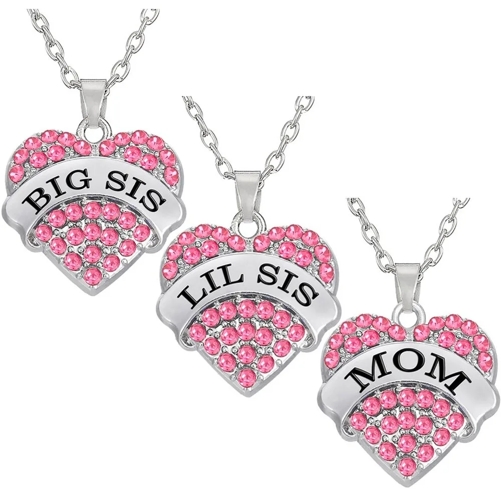 Fashion Pink Big Sis Lil Sis Mom Heart Pendant Big Sister Little Sister Mother Daughter Jewelry