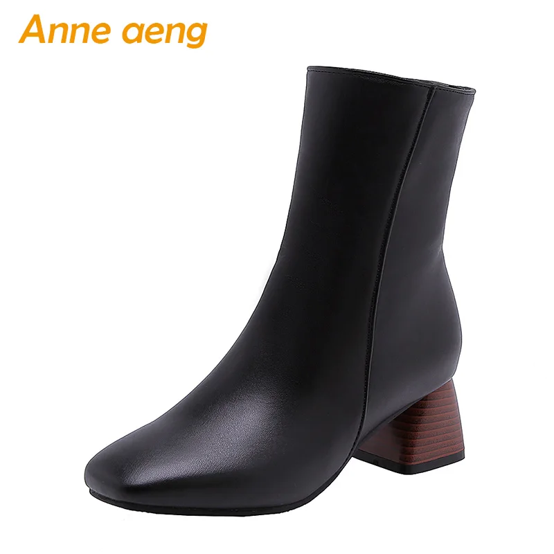 

2018 New Winter Women Ankle Boots Middle Hoof Heel Square Toe Zipper Elegant Sexy Ladies Women Shoes Black Short Boots Big Size
