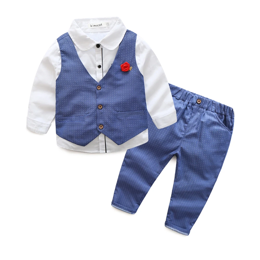 

Kimocat Boys 3Pcs Clothing Sets Elegant Long Sleeve Shirts + Vest with Flower+Pants Party Suit