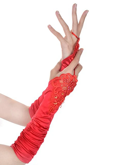 Women Gloves Long Red Ruffles Satin Dance Gloves Lace Appliqued Beaded