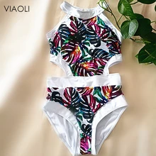 Новинка, Женский цельный купальник, формирующий тело, принт листьев, с замком, с боковой талией, полый купальник для плавания, сексуальная пляжная одежда, Femme