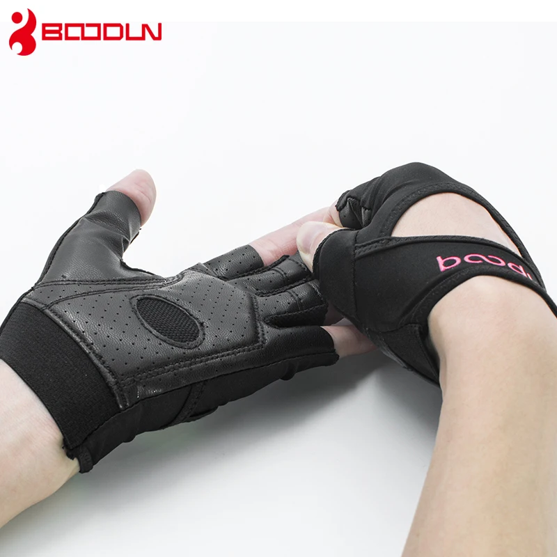 Boodun Sports Female Gym Weight Lifting Gloves Women Body Building Leather Fitness Yoga Gloves Mitten Girls PU&Lycra Breathable