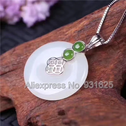

925 silver Natural White Green HeTian Yu Round Gem Dangle Design Lucky Pendant Necklace + certificate Fashion Jewelry