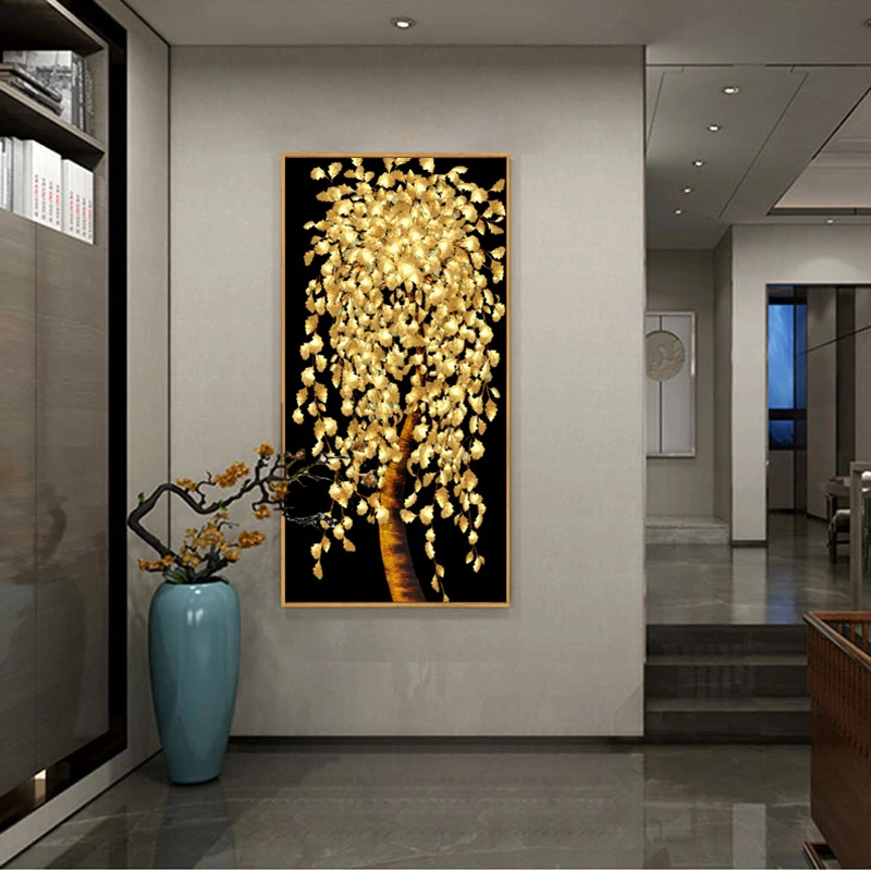 Abstract Golden Leaf Tree Wall Art Painting Printed on Canvas