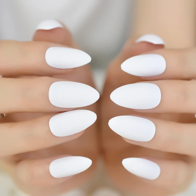 Matte Solid Pure White Stiletto Fake Nails Almond Pointed Press on Oval Lilywhite Frosted False