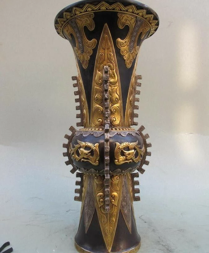 

Royal 100% pure bronze 24K Gold Silver-Gilt Dragon Palace Bottle pot Vase