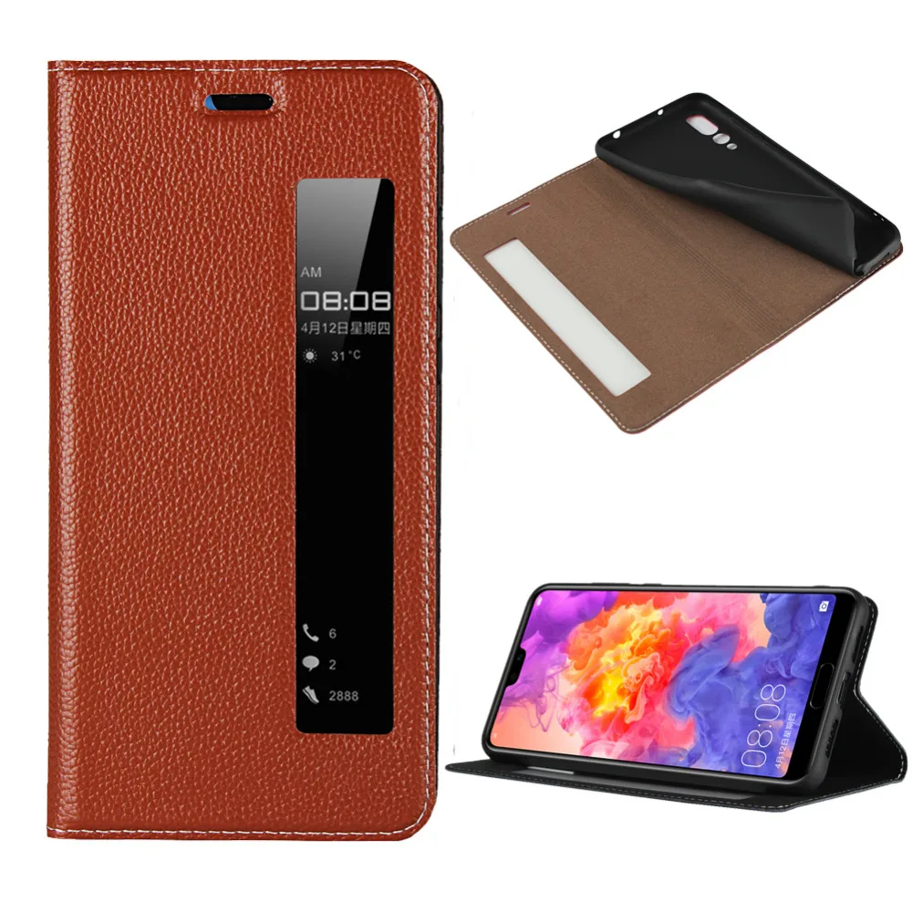 

LUCKBUY P20 Ultra Thin Flip Cover Case Dual Window View Stand Genuine Leather Phone Case for Huawei P20 Pro Mate 10 Mate10 Pro