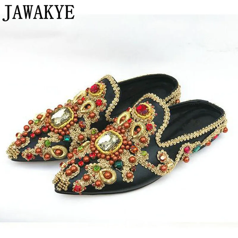 

Retro chic Women Slippers string beaded crystal decor flat Heels Mules embroidery flip flop lazy outside plus size Summer Shoes