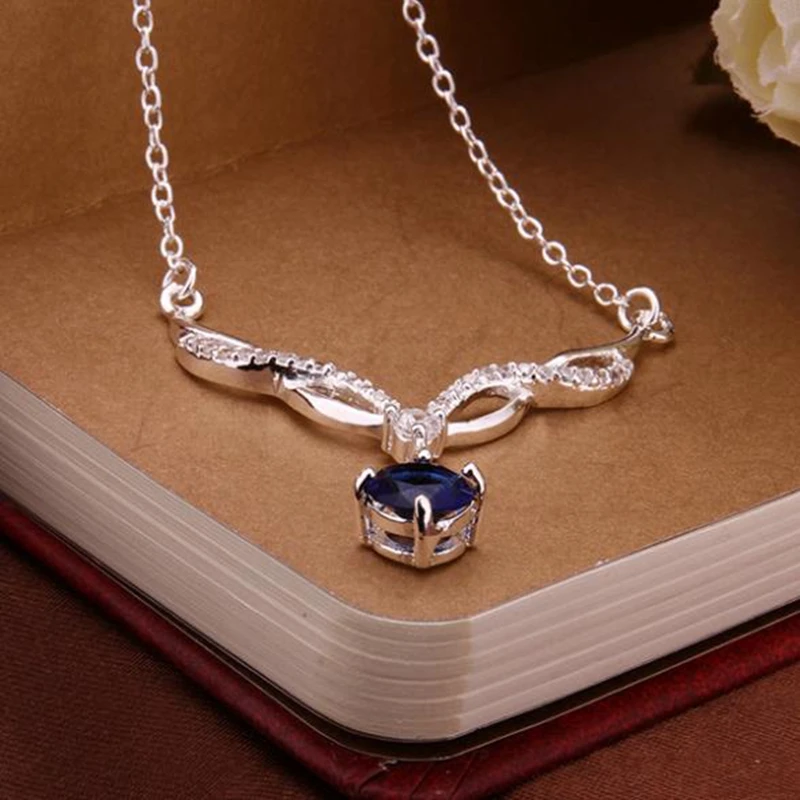 

Necklaces Silver Plated Necklace Silver 18 Inches Chain Pendant Necklaces Women's Blue Crystal Jewelry Free Shipping dsas LN534