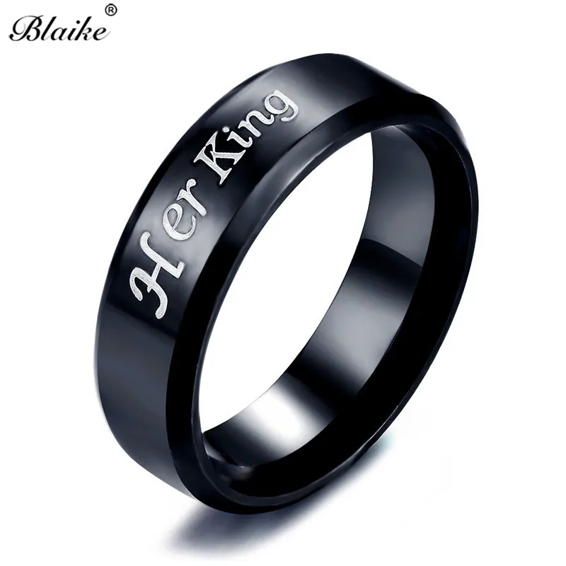 cheap Blaike Her King Black Stainless Steel Rings for Men Vintage Fashion Couples Jewelry Male Simple Accessories Boyfriend Best Gifts
