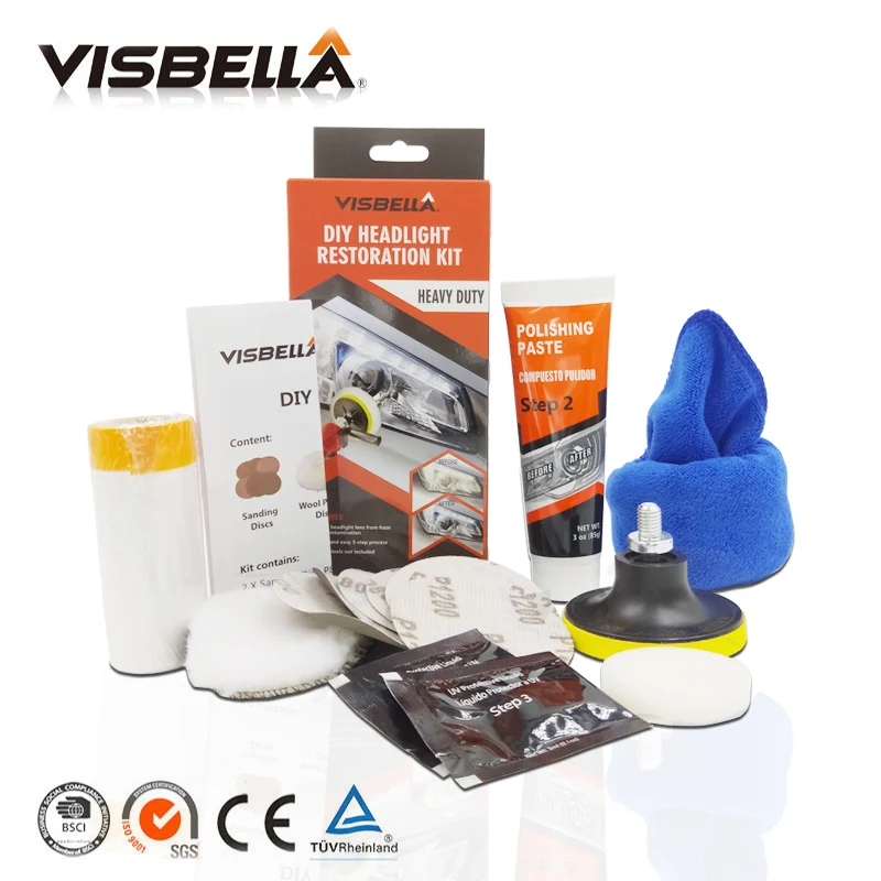 VISBELLA Headlamp Polishing Paste Kit DIY Headlight Restoration for Car Auto Care Repair Hand Tool Sets  by machine with cloth