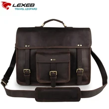 LEXEB Brand Vintage Classic Briefcase Genuine Natural Leather Business Travel Bag 15 Inch Laptop Luxury Design Flap Bags Dark