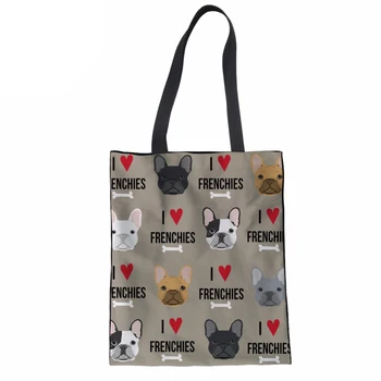 

Women Canvas Shopping Bags Fashion Tote Shoulder Versatile Sack Summer Beach French Bulldog DIY Printing Girls Handbag