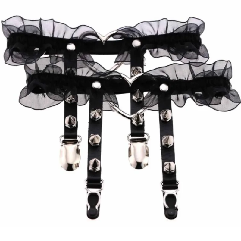 

Women Sexy Lace garter PUNK leather Belt Handmade Rock Goth sweet Heart Rivets Cross elastic LACE Leg Ring bulk clip