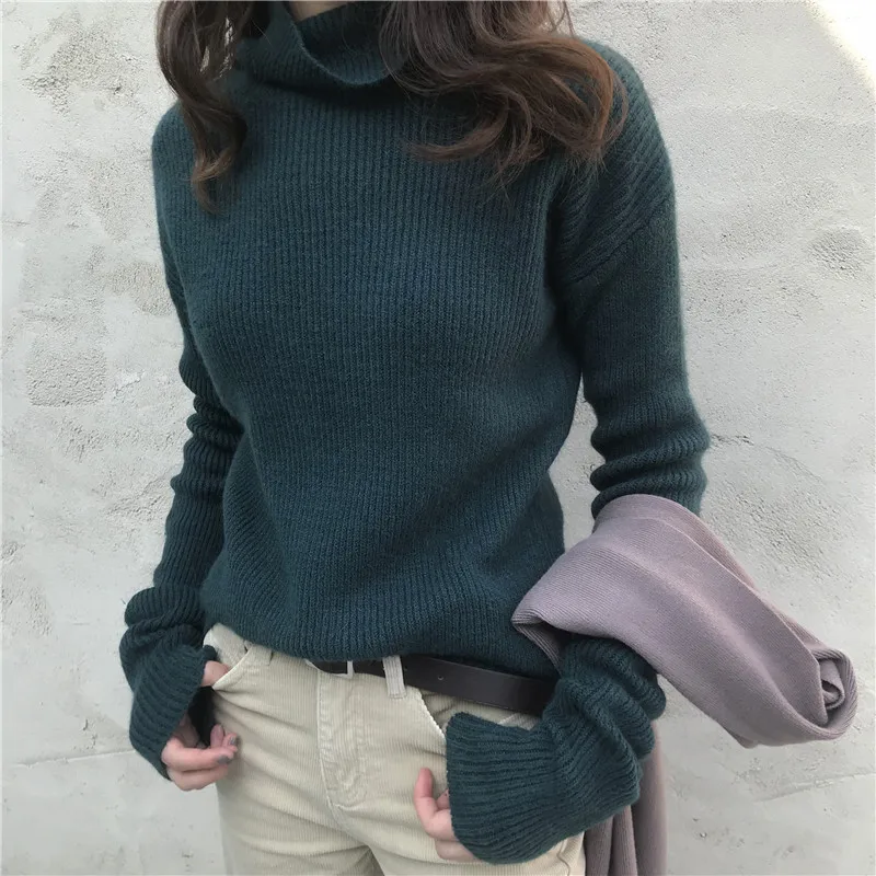 Turtleneck Pullover Sweater Women Basic Rib Knit Jumper Solid | Женская одежда