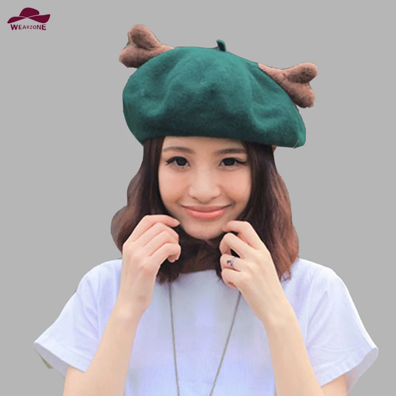 

Newest woman Christmas elk Deer horn cap Wool beret Fashion Hat Deer ear winter warm Artist girl cap beret Lovely Cosplay hats