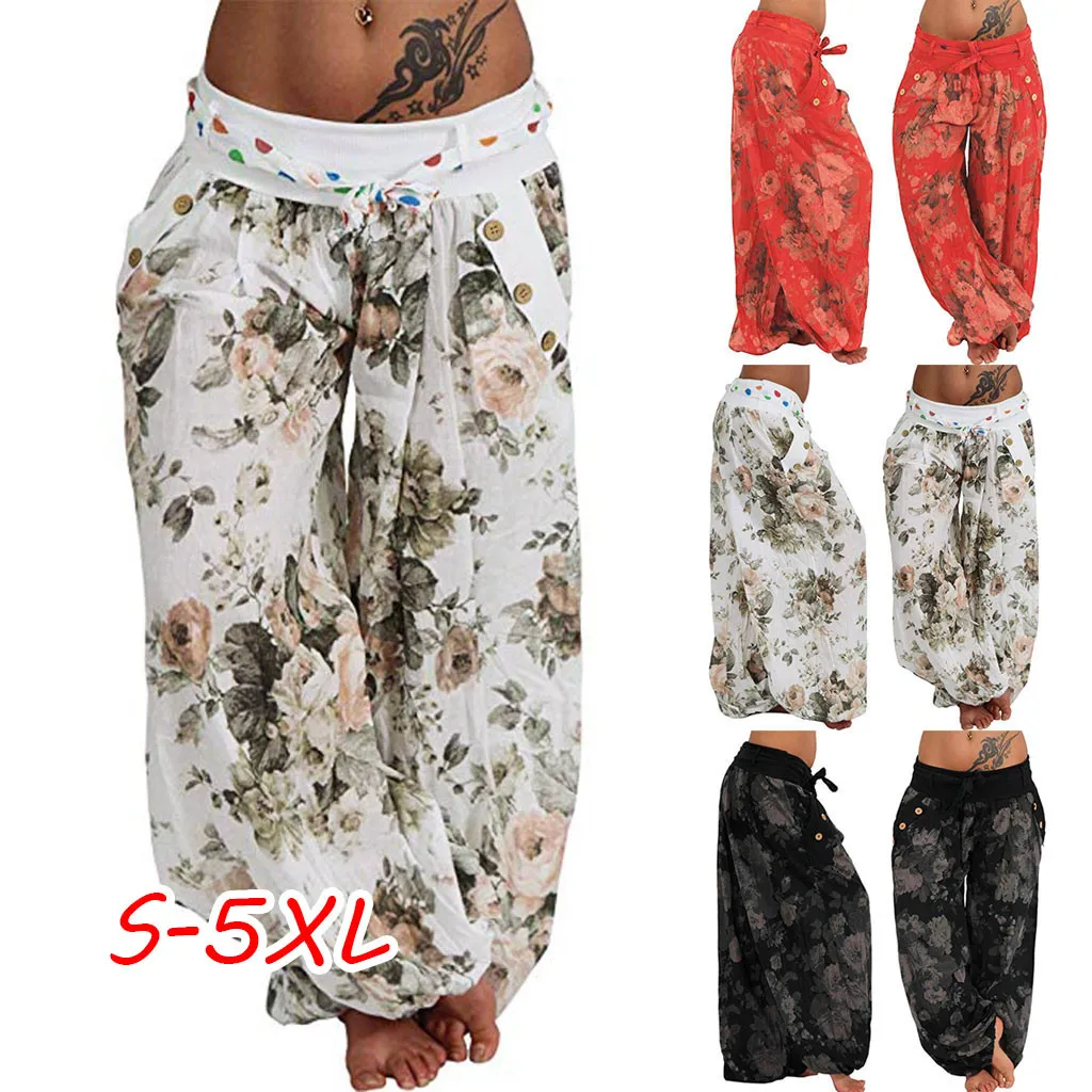 

Hawcoar New Fashion Women Ladies Printed Pocket Band Width Loose Leg Pants Women's Casual Pants Harem Pants брюки женские Z4