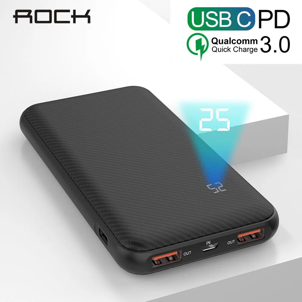 ROCK QC 3.0 Quick Charger PD Power Bank 10000mAh Digital LED Display 18W USB &Type C Port 3A External Battery Charger For iphone
ROCK QC 3.0 Quick Charger PD Power Bank 10000mAh Digital LED Display 18W USB &Type C Port 3A External Battery Charger For iphone