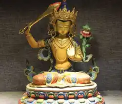 18 Тибет Буддизм Медь 24 К Золото Свинка Окрашены Манджушри Кван-Инь Статуя Будды
