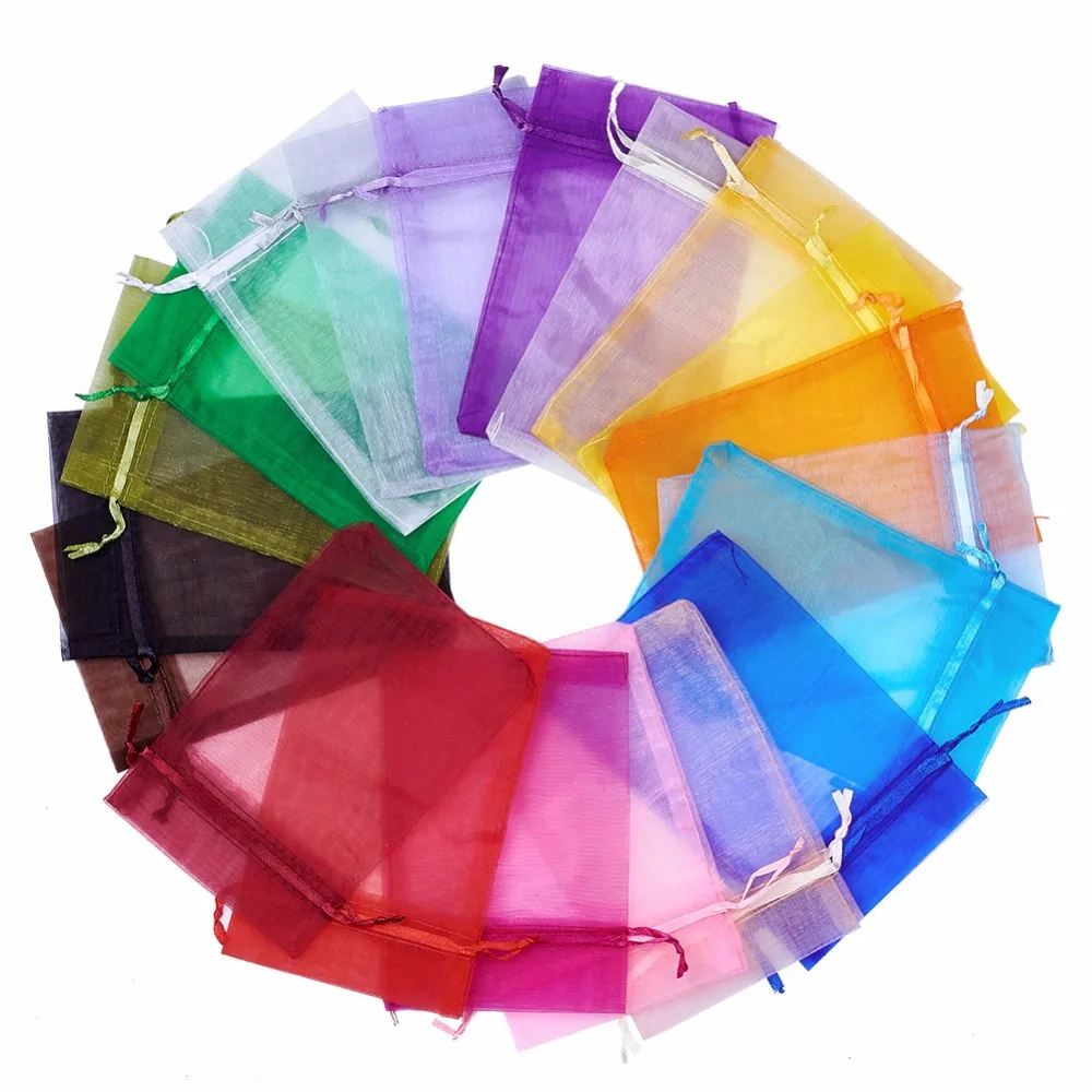 

200pc Mixed color Organza Bags with Drawstring for Jewelry Packaging, 15x10cm