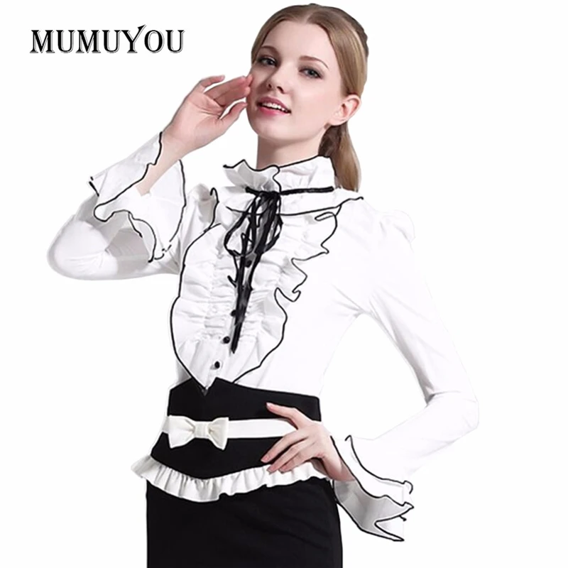 

Women Lolita Shirt Ruffled Flare Long Sleeve Solid White Tops Vontage Lady Girl Party Blouse Retro Fashion 904-220