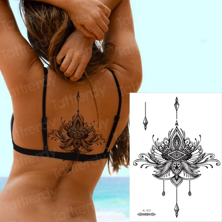 Водонепроницаемые Временные татуировки для женщин под татуировка на грудь Мандала Лотос эскиз цветок для росписи хной наклейки бикини сексуальные тату